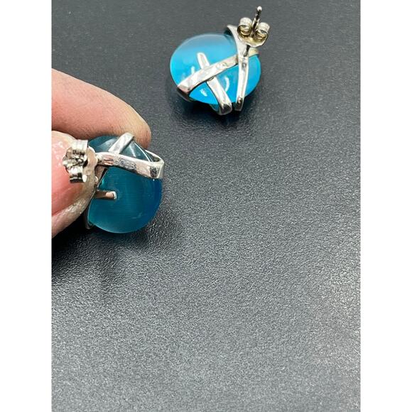 DOBBS 925 PE Sterling Silver Blue Stone Cabochon Pierced Earrings Vintage 5/8" - Picture 16 of 16